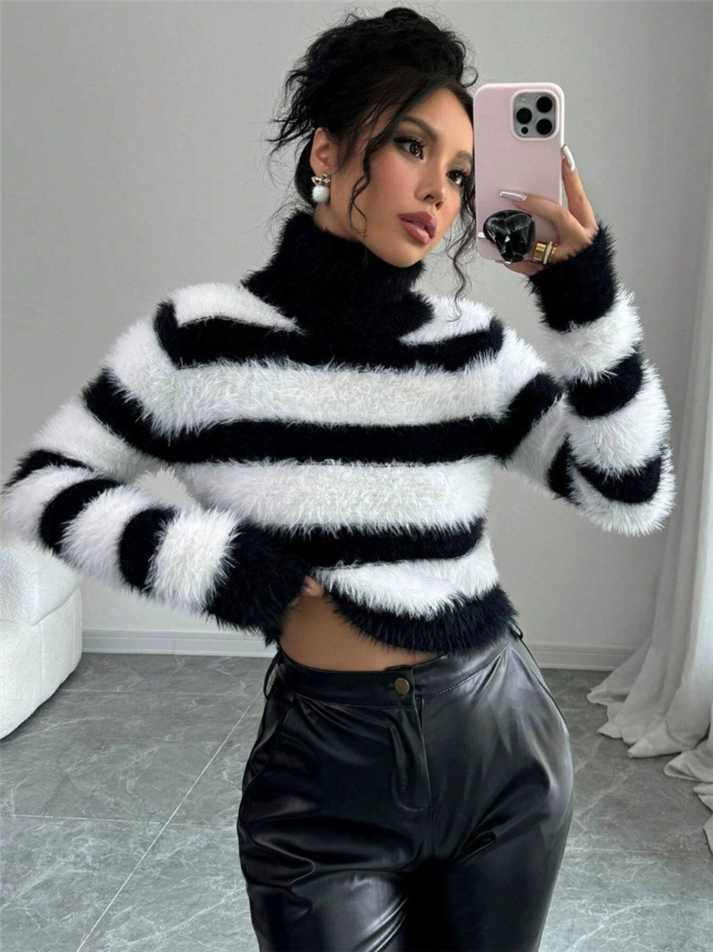Zara Fall Winter Striped Turtleneck Knit Sweater Relaxed